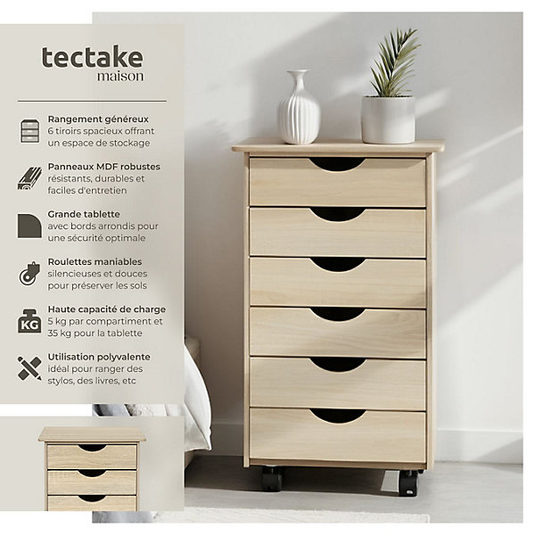 Caisson bureau à roulettes en panneau de fibres 6 tiroirs bois clair