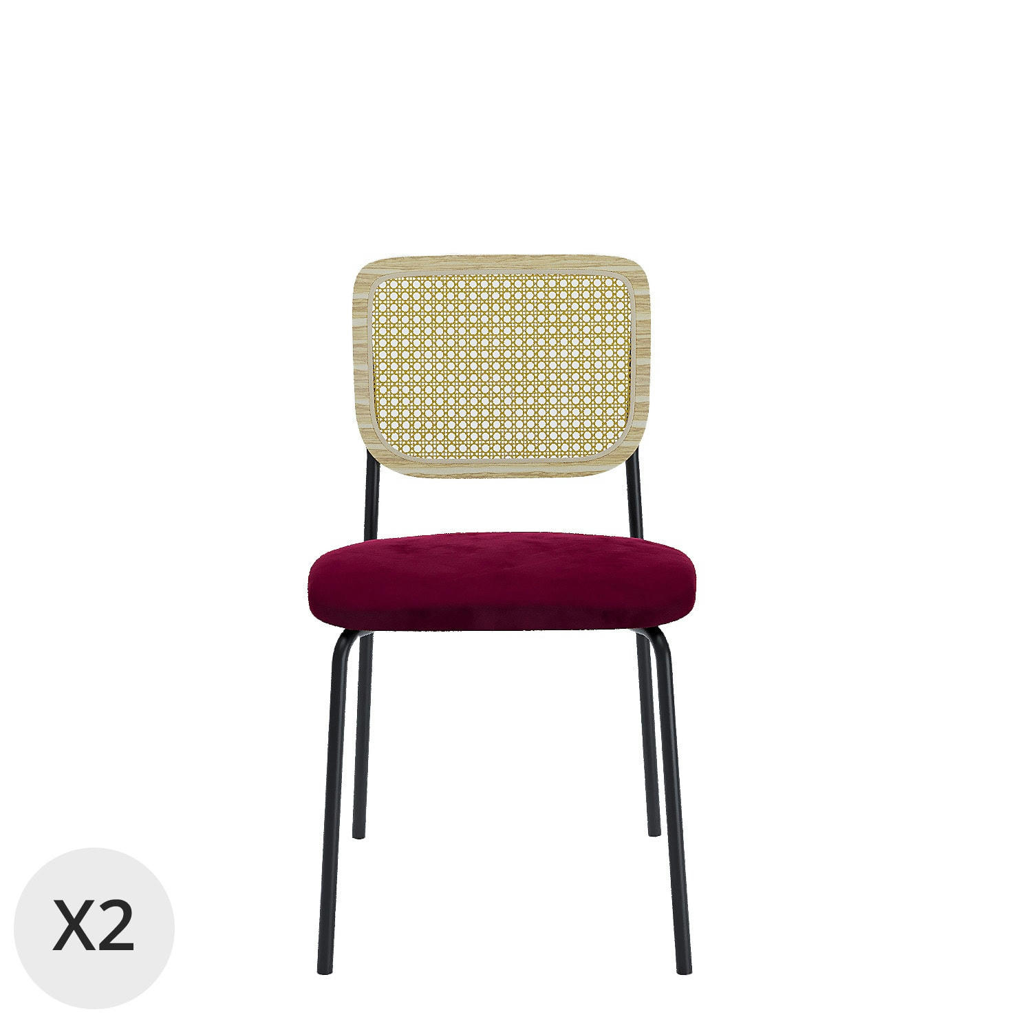 JUNA - Lot de 2 chaises en rotin et velours bordeaux