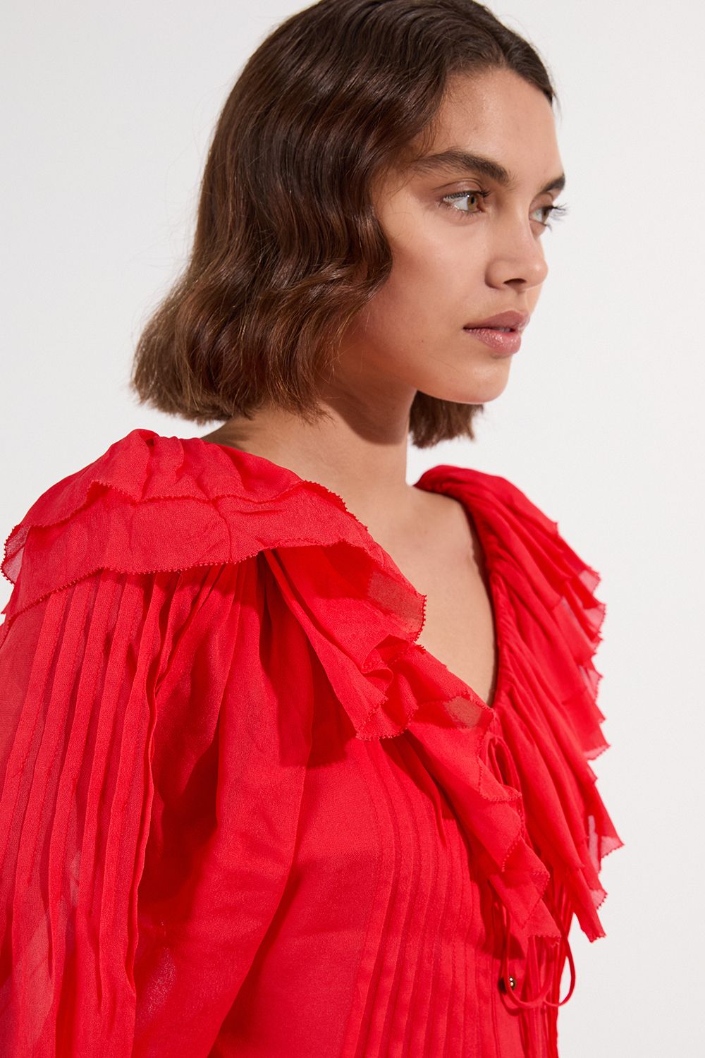 KarenMillen Crinkle Viscose Georgette Pin Tuck Detail Ruffle Woven Blouse