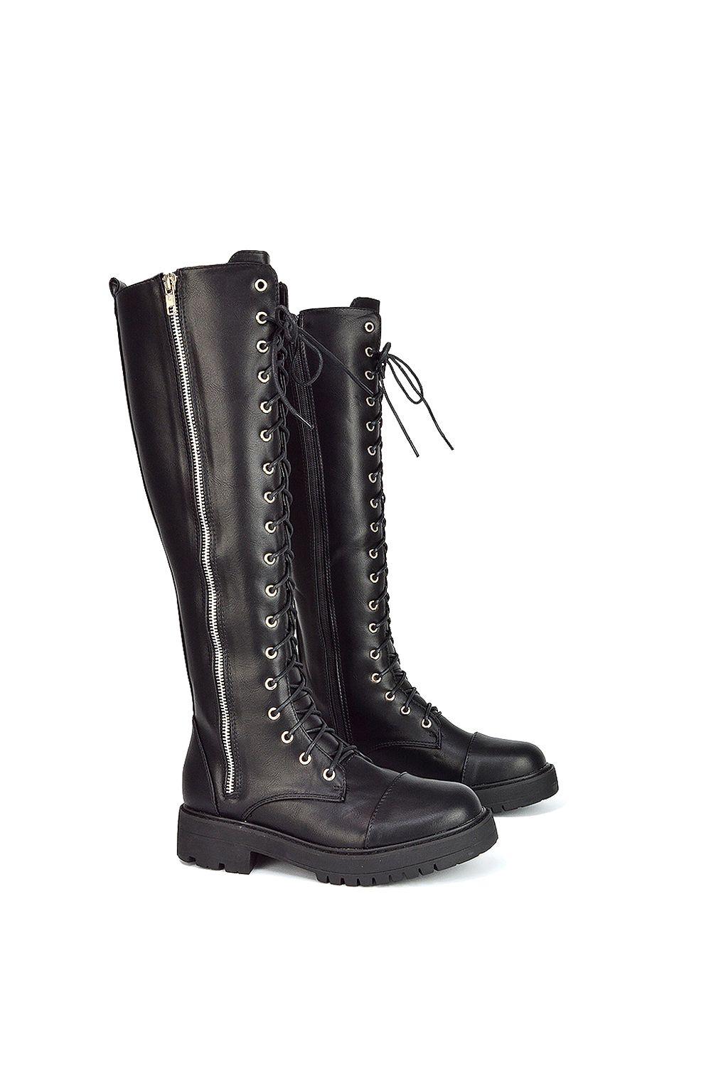 XY London Ada' Chunky Lace Up Knee High Boots With Deco Zip