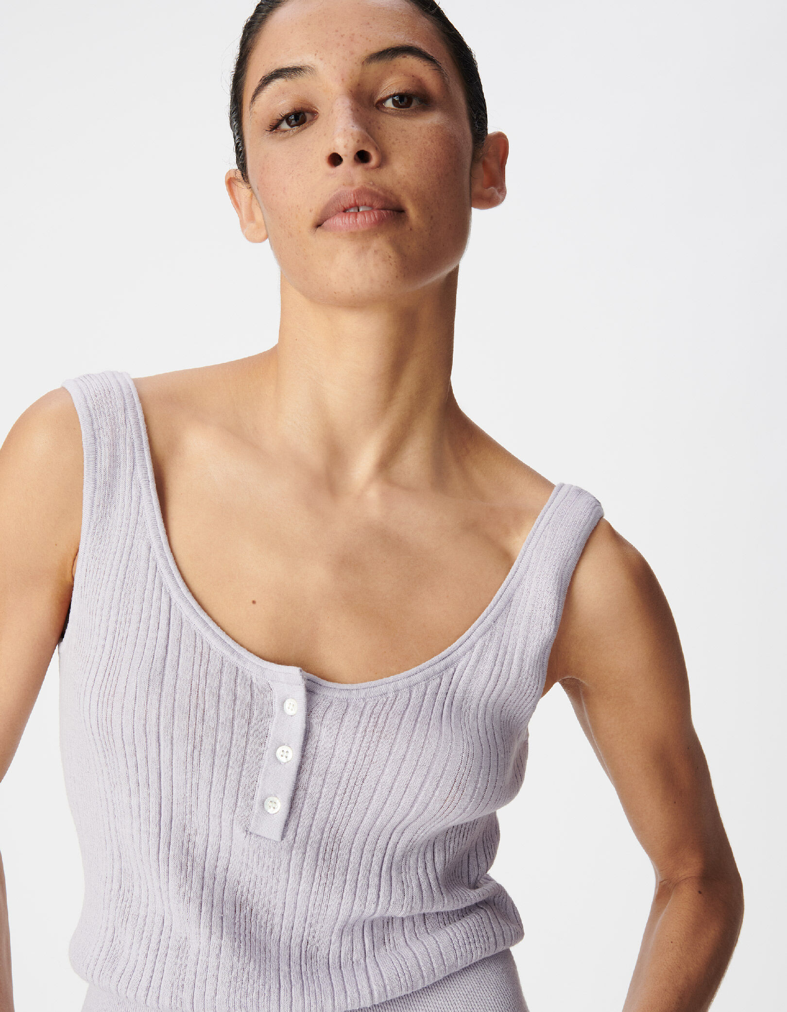 Pull sans manches lilas maille côtelée Femme