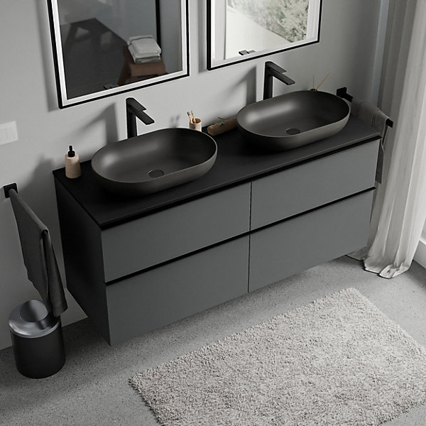 Meuble sous vasque suspendu MDF Anthracite mat, plan vasque Noir mat, poignée Chrome - 140x46x62cm - LAVOA