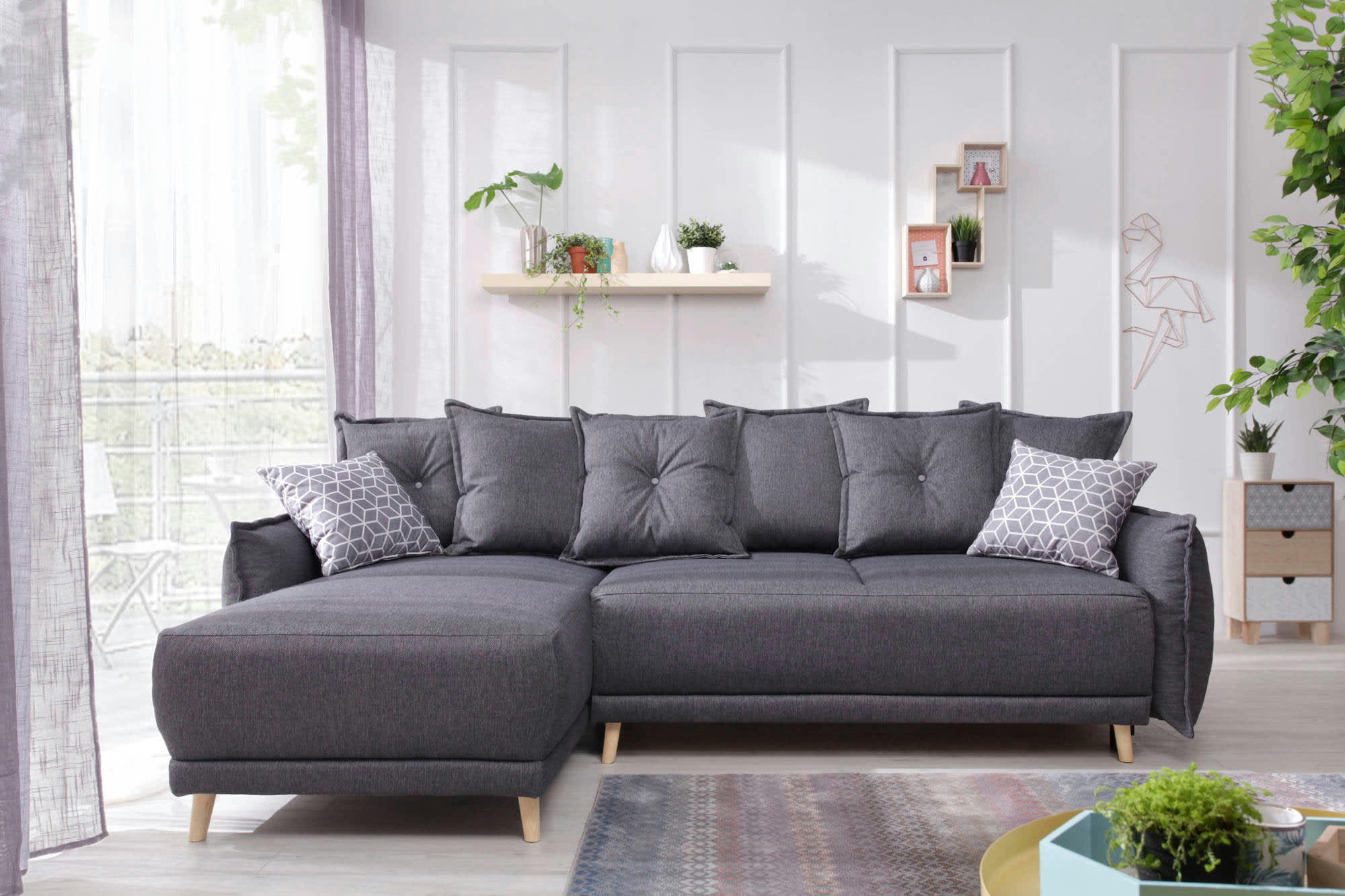 LENA - Canapé d'angle réversible convertible 4 places en tissu gris foncé