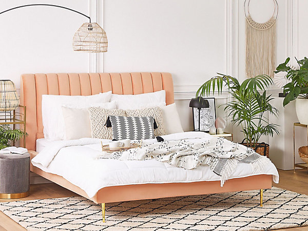 Lit avec sommier Velours MARVILLE 160 x 200 cm Rose pêche
