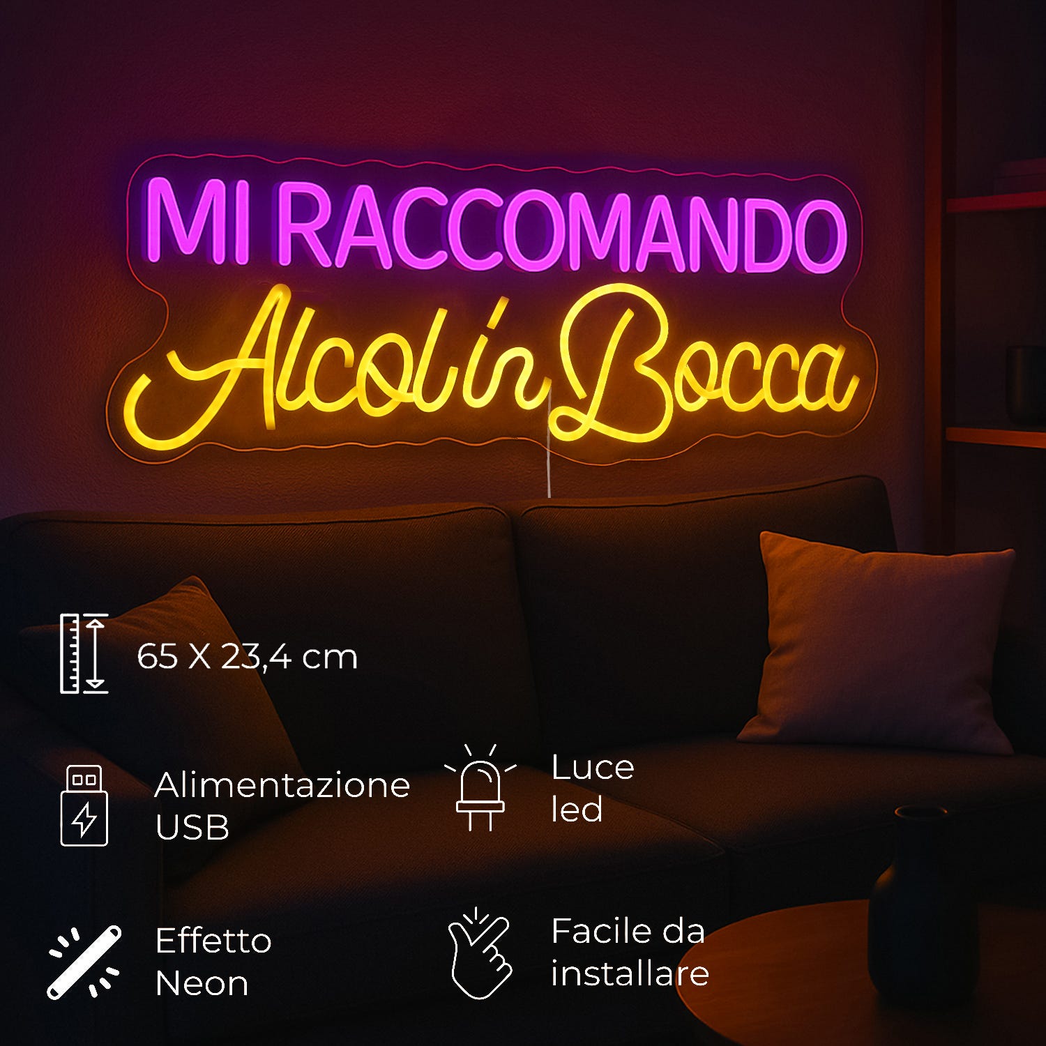 Insegna luminosa Alcol in bocca, da appendere