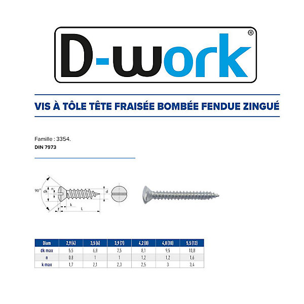 1000 Vis à Tôle Tête Fraisée Bombée Fendue 3.9 x 9.5 mm - DIN 7973 - Zingué blanc - D-Work