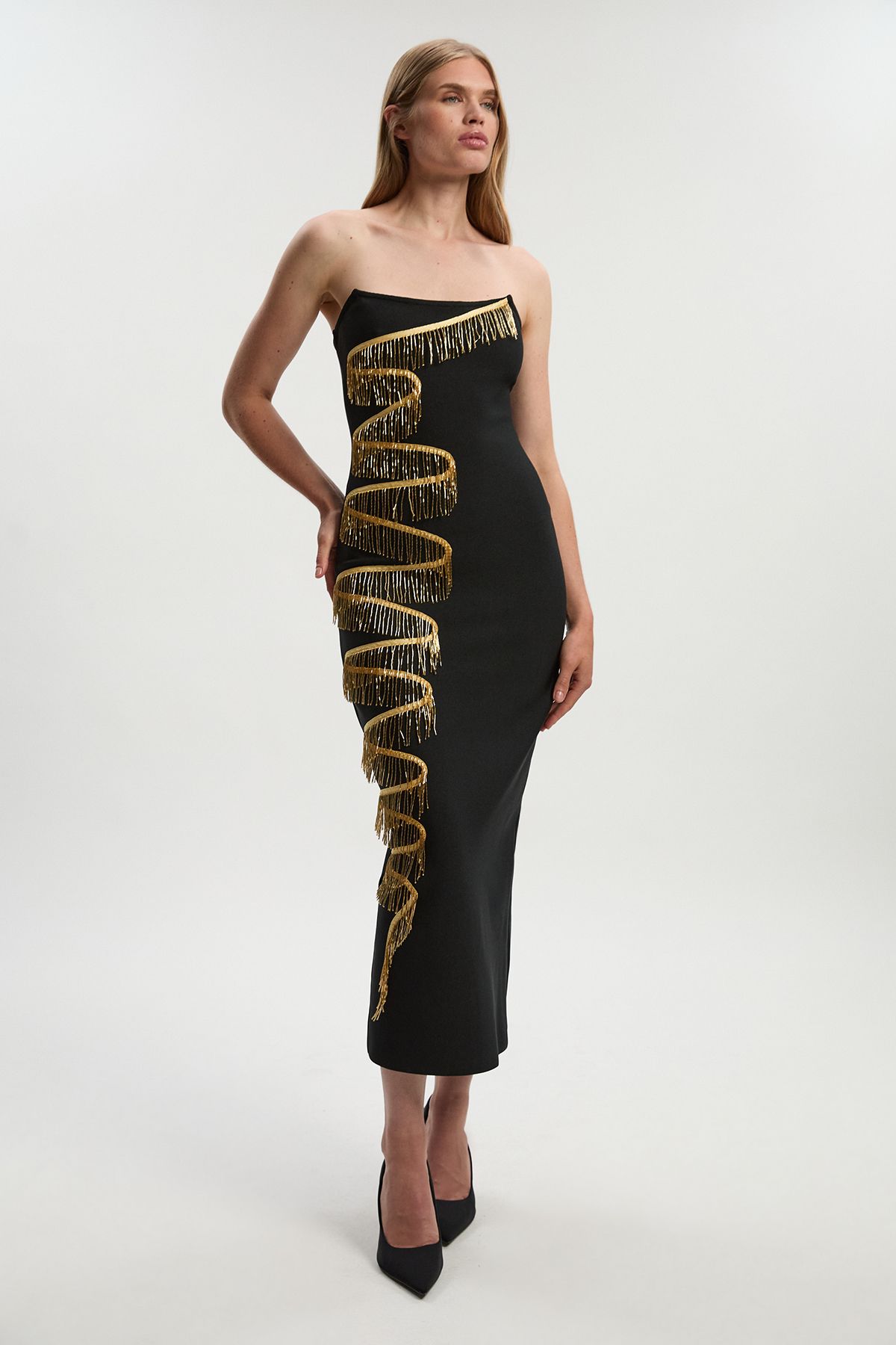 KarenMillen Embellished Fringe Bandeau Figure Form Bandage Maxi Dress