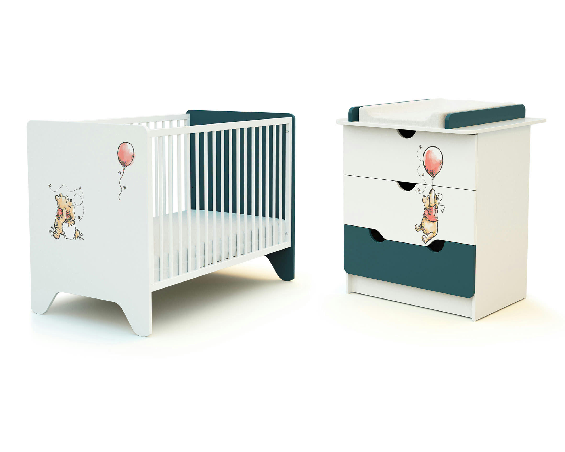 DISNEY - Duo lit bébé et commode bleu canard
