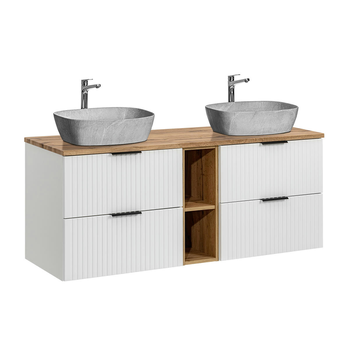 - Meuble double vasque effet pierre 140cm 2 niches blanc