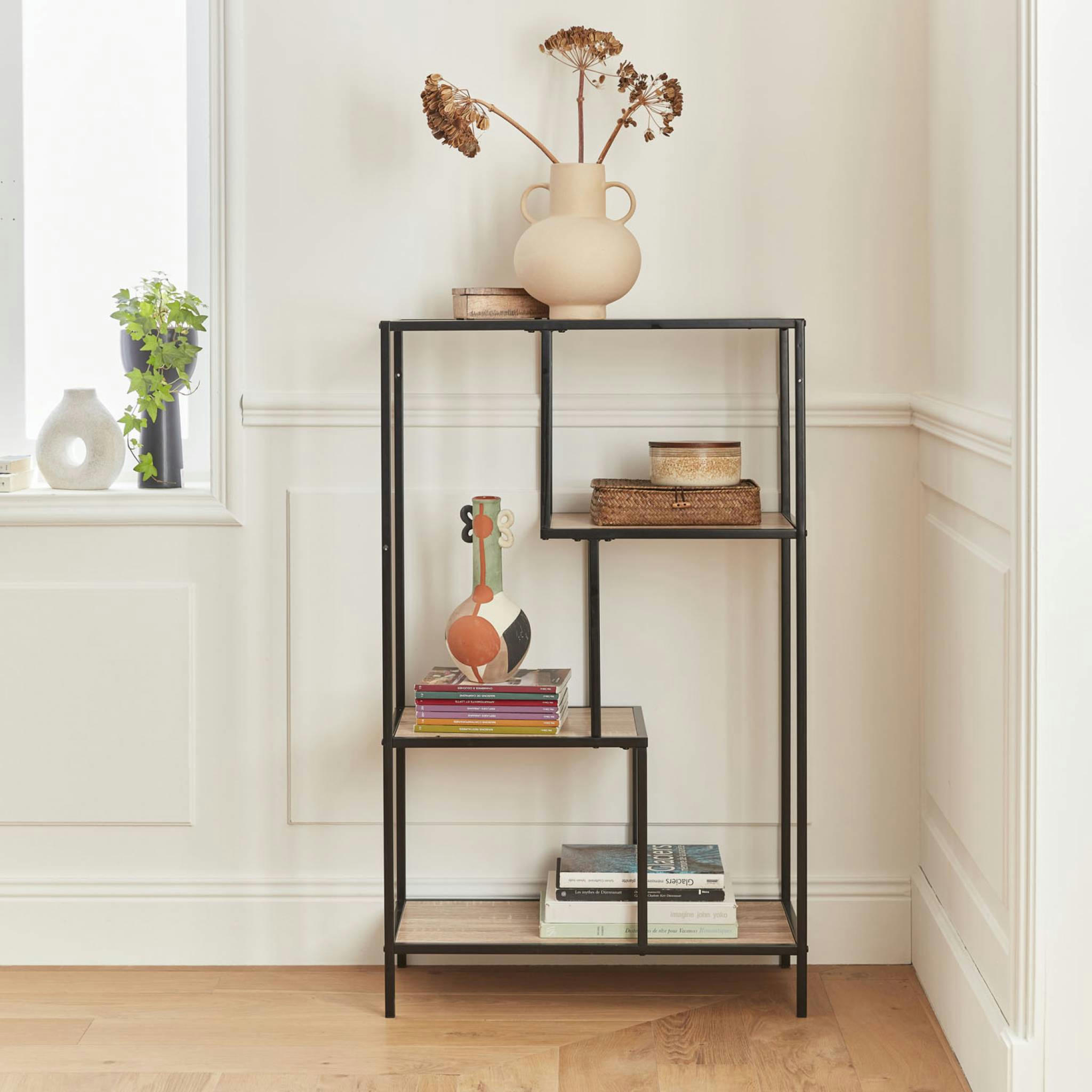 LOFT - Etagère asymétrique en métal noir & décor bois