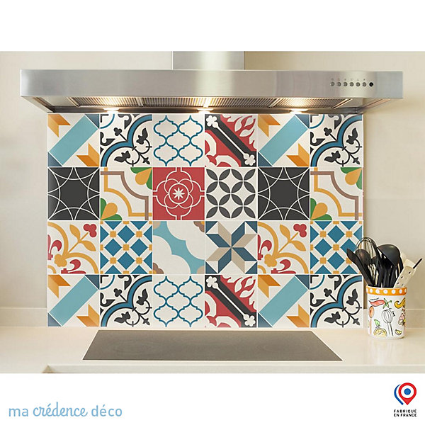 Crédence cuisine fond de hotte Carreaux ciment pop art - Verre trempé - L 90 cm x H 50 cm - MaCrédenceDéco