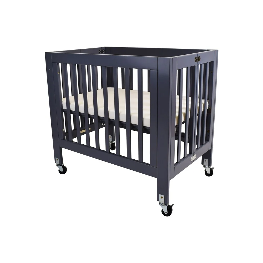 Slatted Wooden Crib with Folding Mechanism and Casters Support, Gray