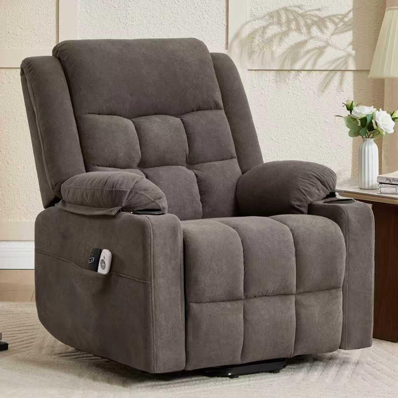 Electric Power Lift Recliner Chair Sofa with Massage and Heat for Elderly, USB and Type-C Ports, Cup Holders, Infinite Position (Brown, Regular)
