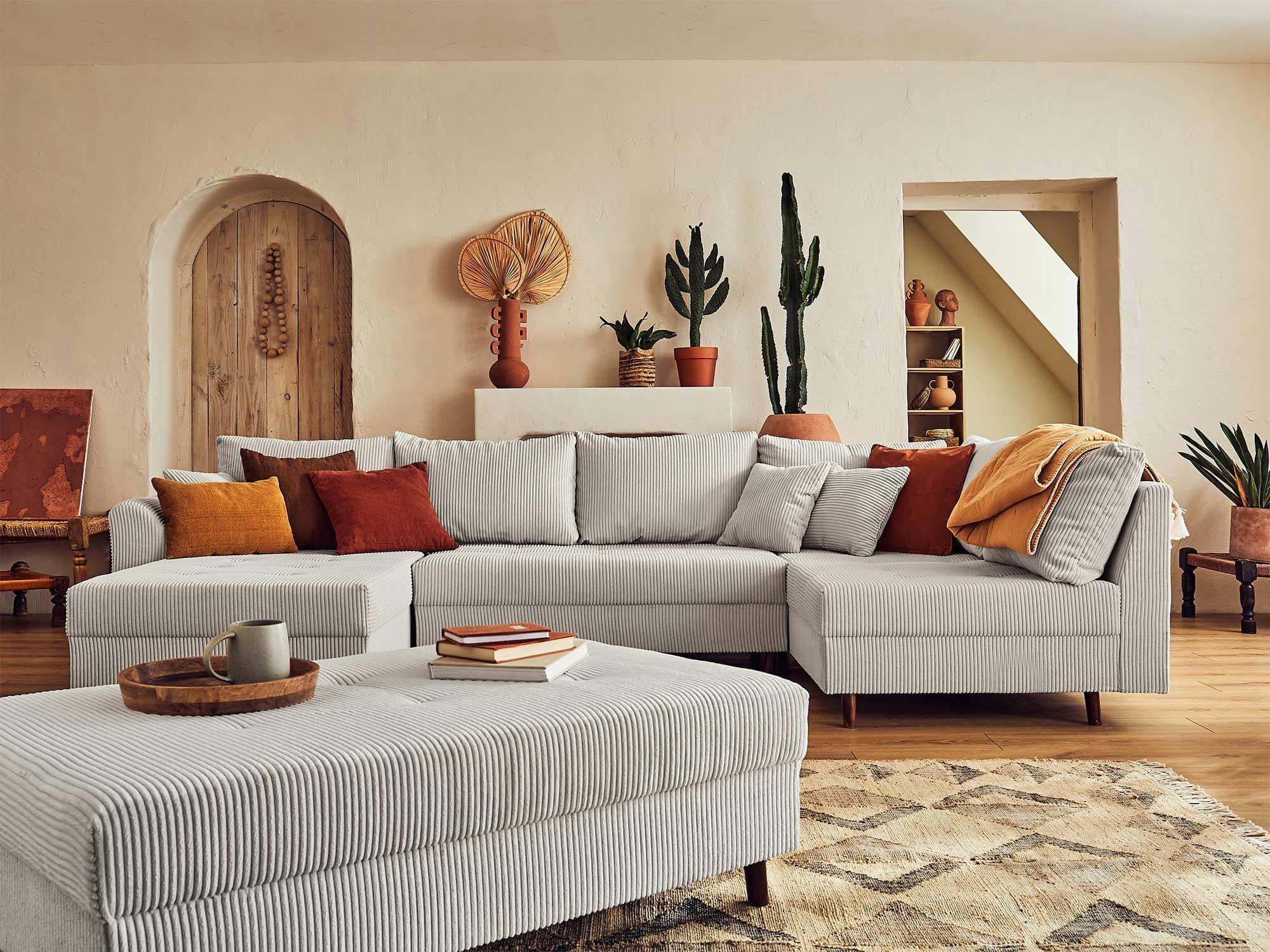 RUNE - Canapé d'angle droit convertible 7 places en velours côtelé gris clair