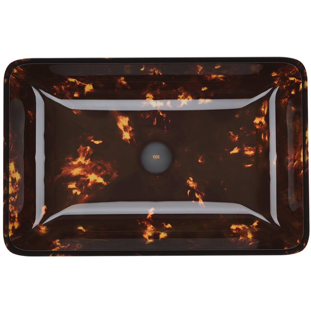 VIGO Glass Rectangular Vessel Bathroom Sink/Basin with Rounded Edges & Deep Bowl, Brown & Gold