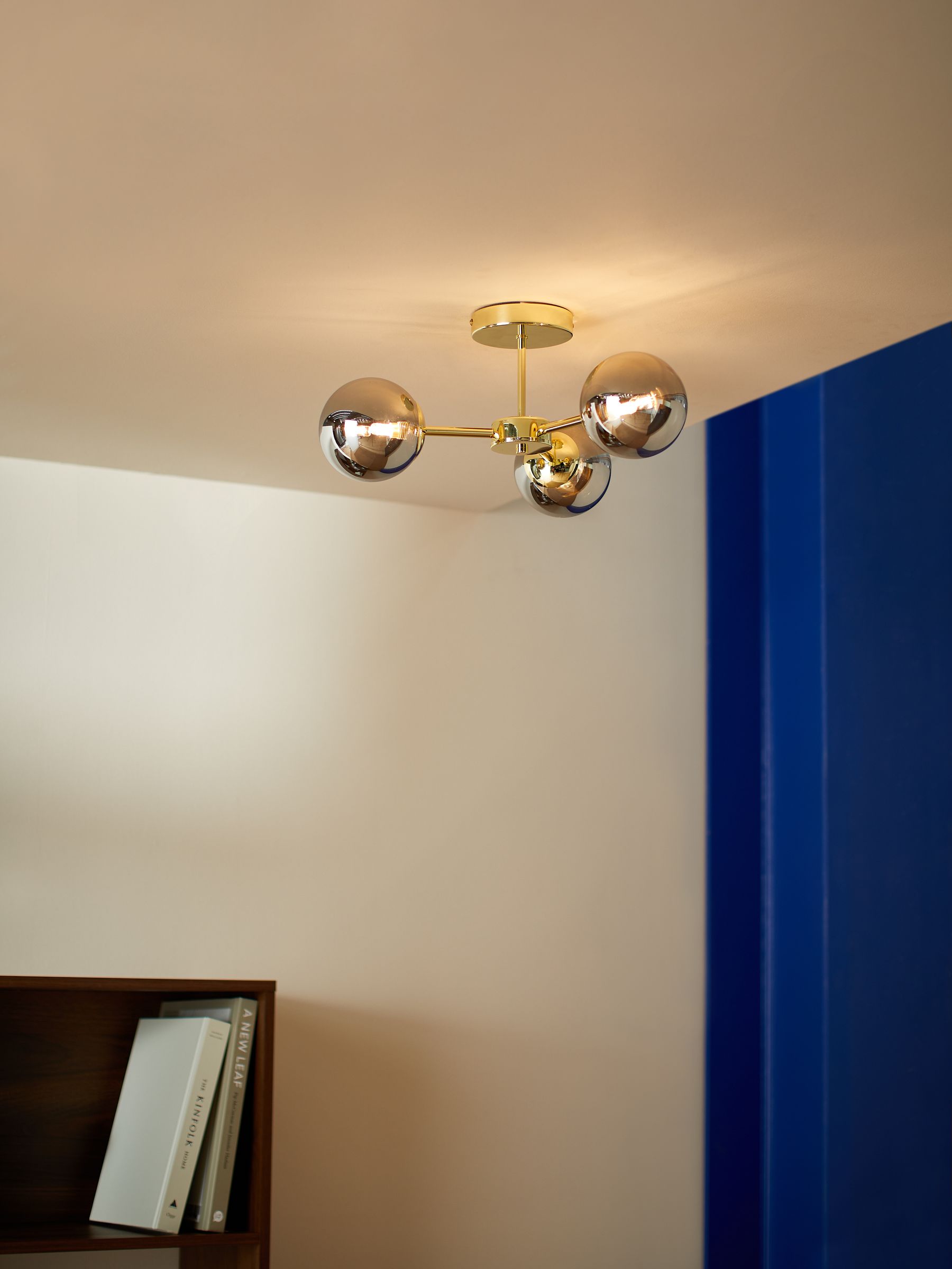 Globe 3 Light Flush Ceiling in Brass/Smoked Glass