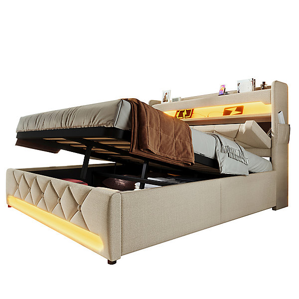 Lit rembourré hydraulique 180x200cm, lit double, espace de rangement en tête de lit avec port usb et type c,lin,beige,sans matelas