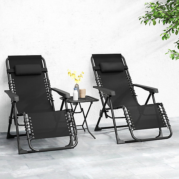Lot de 2 chaises longues pliables inclinables zéro gravité avec table d'appoint métal textilène noir