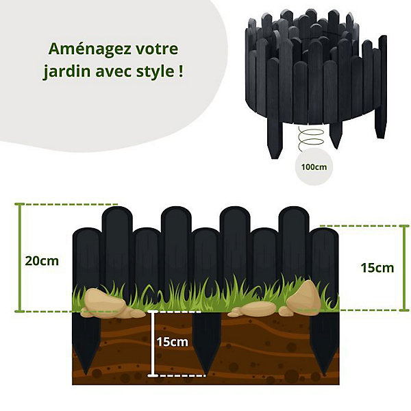 Floranica bordure jardin 20 cm, anthracite 100cm clôture bois flexible, palissade, rouleau bordure, clôture enfichable