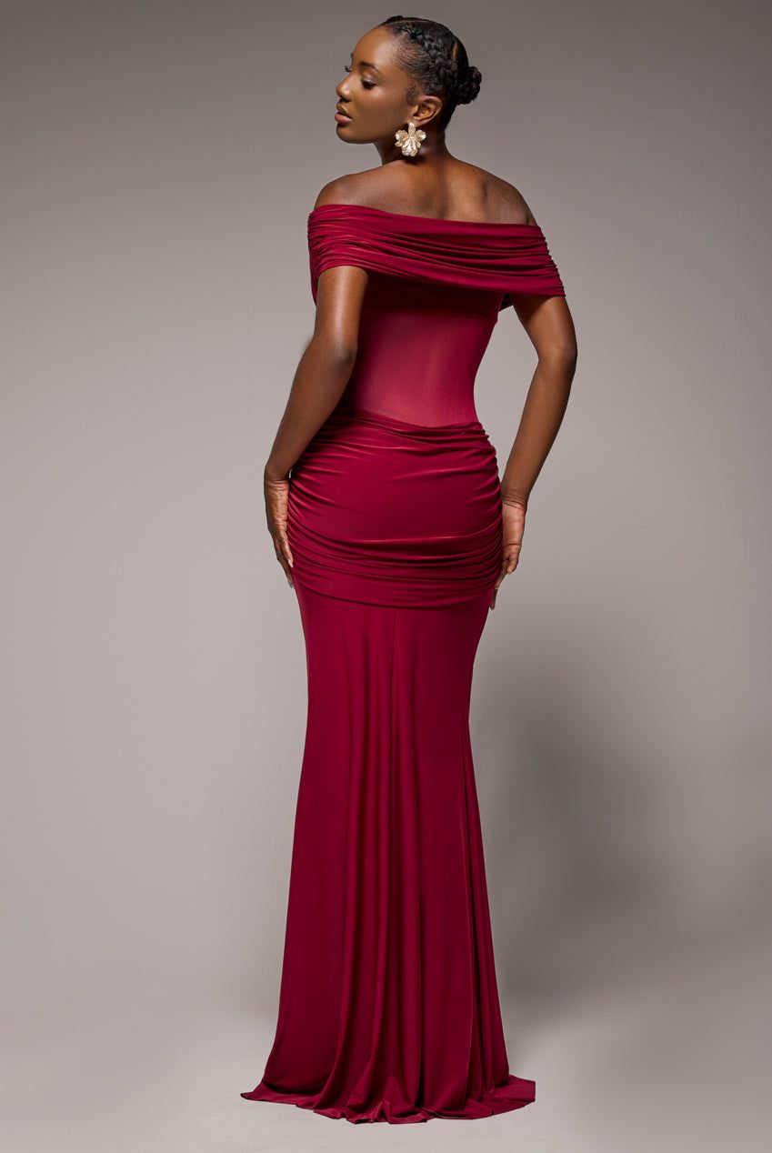 Goddiva Gathered Off The Shoulder Mesh Waist Panel Maxi Dress