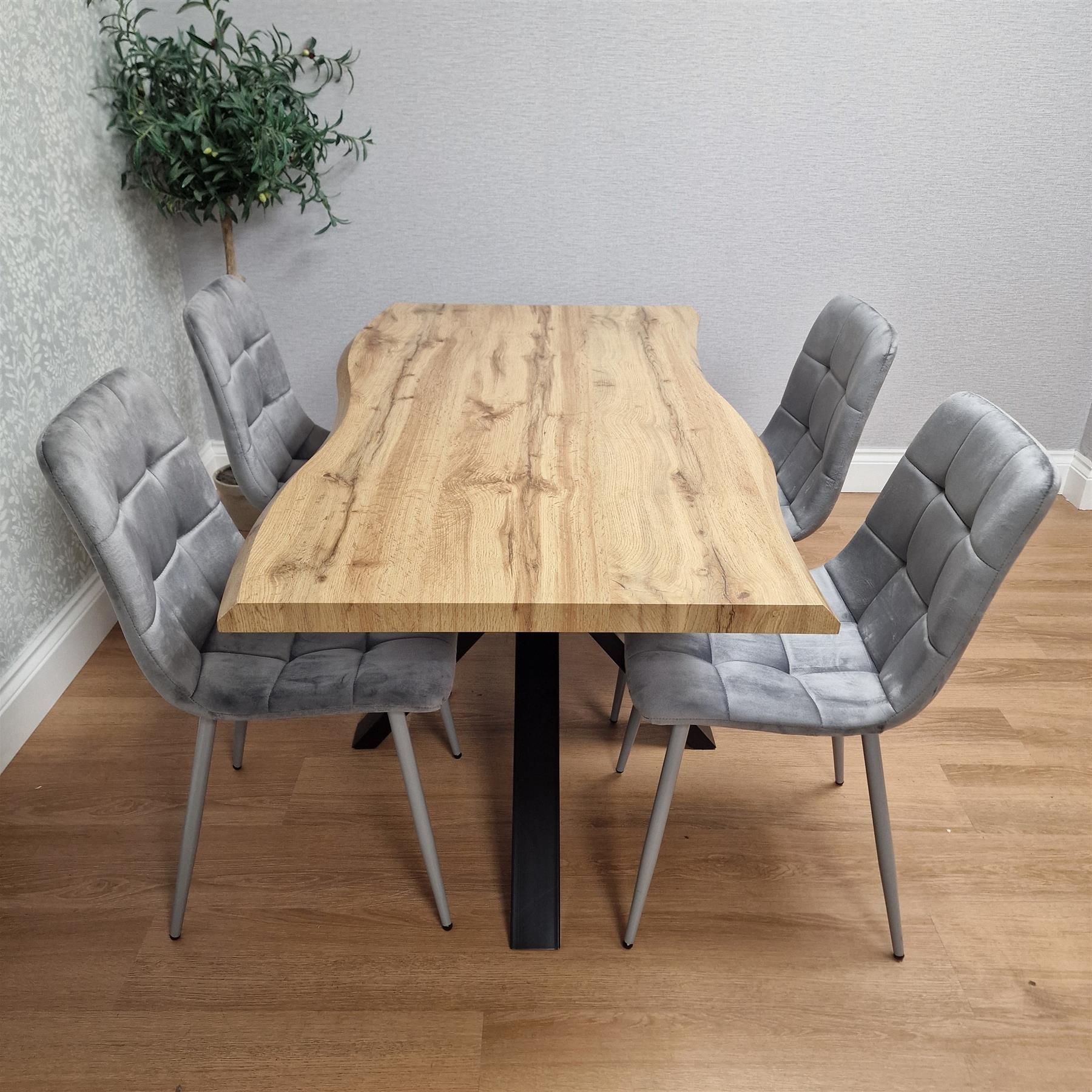 KOSY KOALA Wooden Dining Table with 4 Grey Velvet Chairs, Stylish Dining Room Furniture