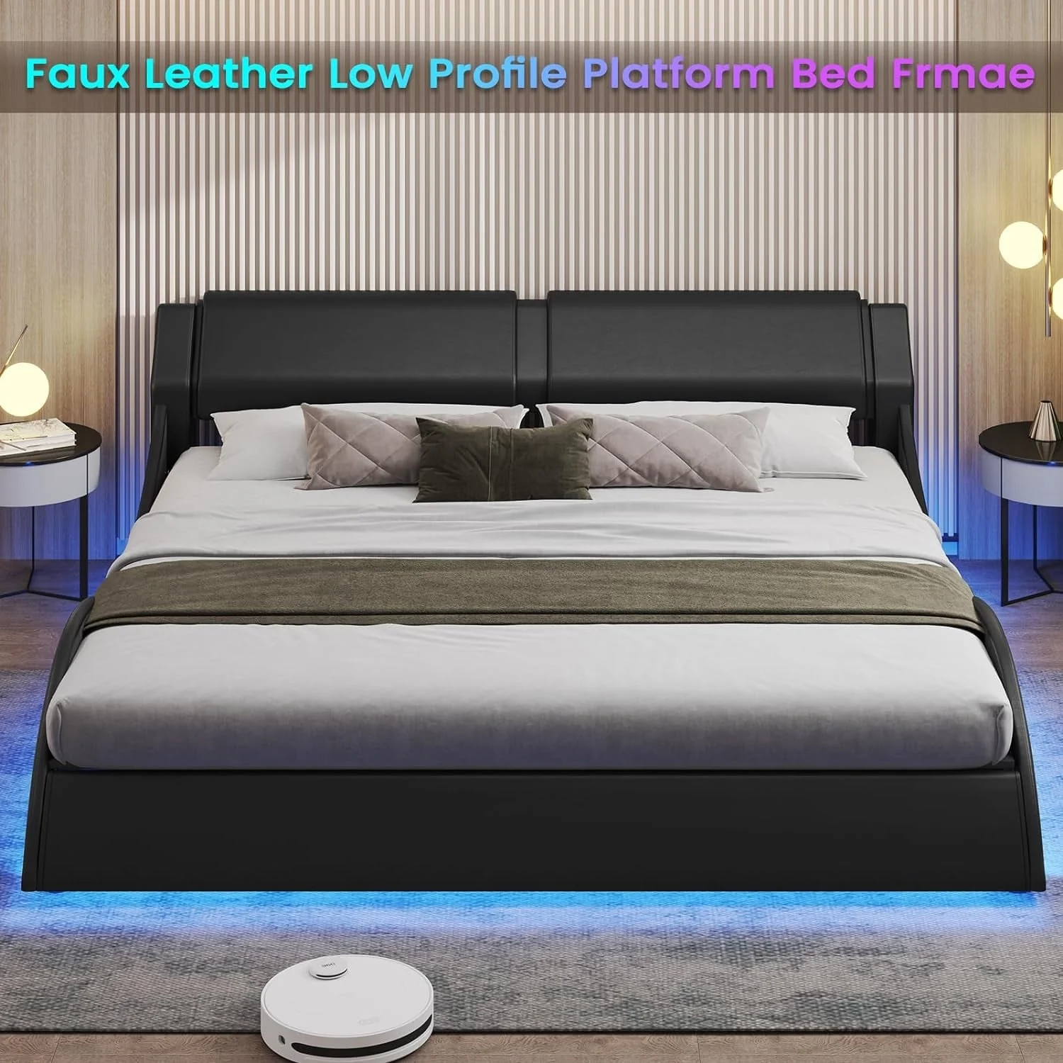 LED Bed Frame Modern Faux Leather Low Profile Platform Bed