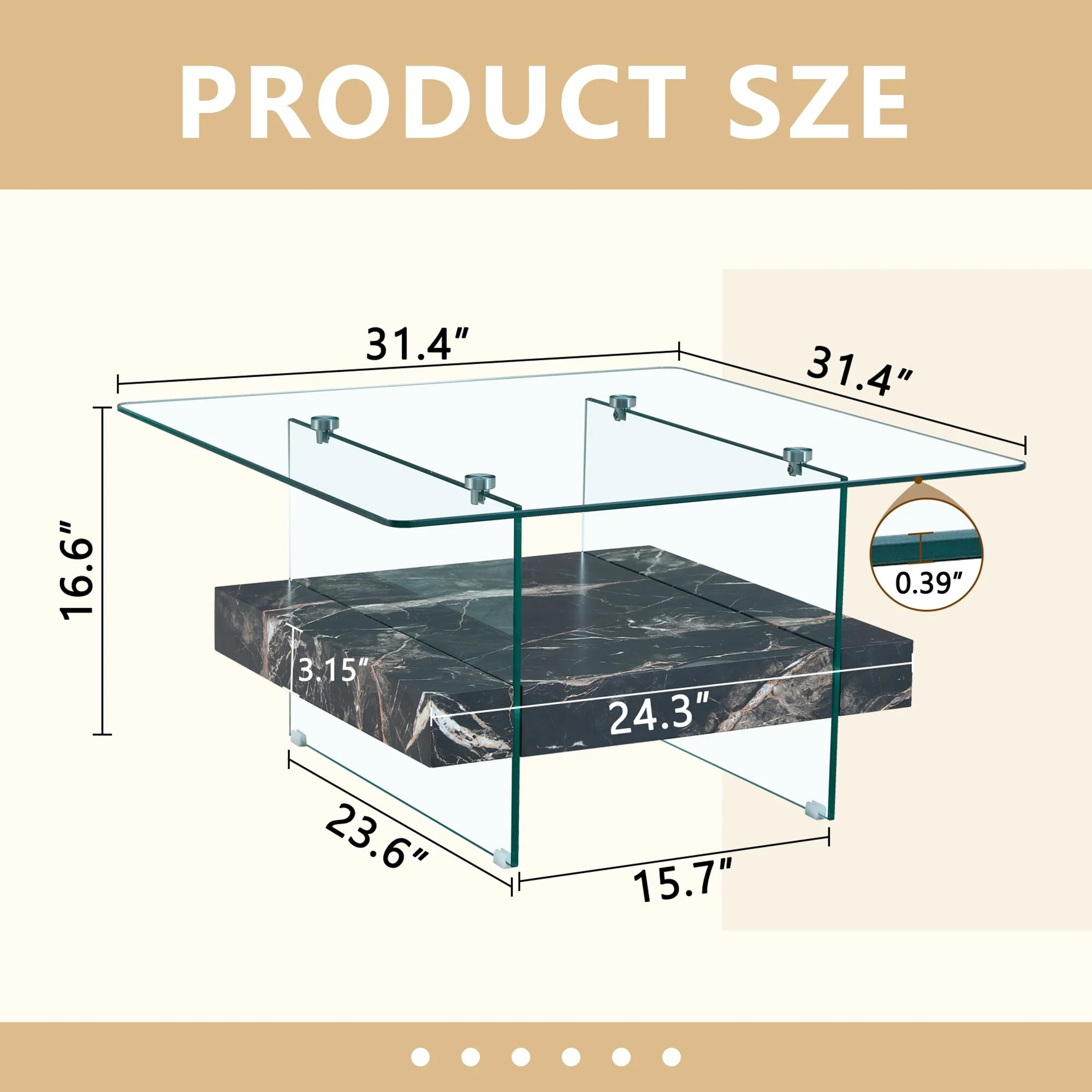 Modern Two-Tier Square Coffee Table -Elegant Combination Of Glass And Marble Pattern Sticker