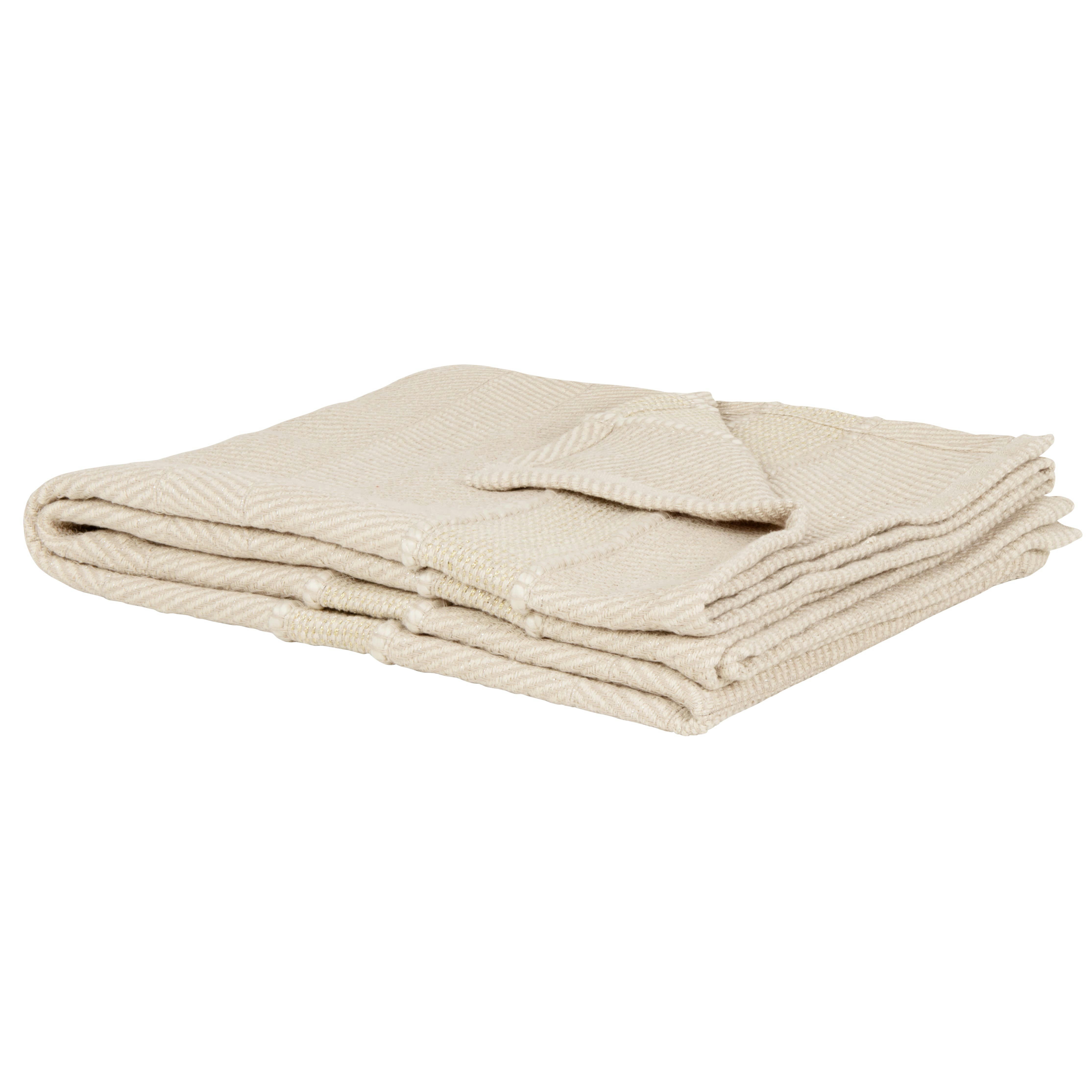 BATTOTA - Plaid en coton tissé argent, doré et beige à pompons 160x210