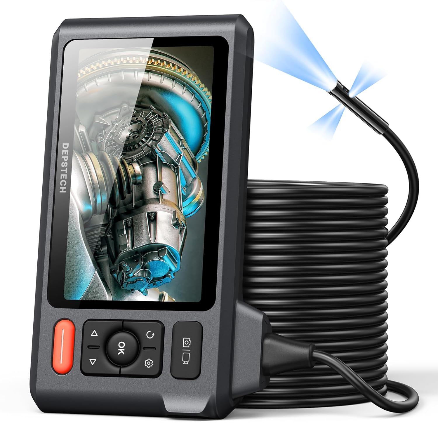 Triple Lens Endoscope Camera with Light with 50FT Semi-Rigid Cable, DEPSTECH 5 IPS Screen Sewer Inspection Camera, 1080P Industrial Borescope, Split Screen, Waterproof Drain Pipe Tool, Carrying Case