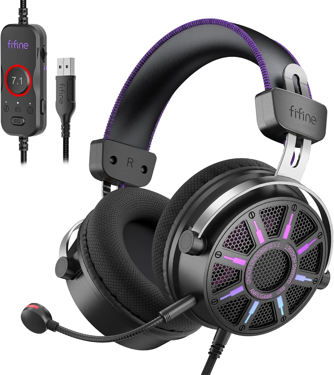 FIFINE Wired Open Back Gaming Headset, Open Acoustic Audio, Breathable Mesh Fabric, 7.1 Surround Sound, Vibrant RGB, USB Control Box, Over-Ear Headphone with Mic for PC, PS5/PS4, Laptop, Mac - H19BP