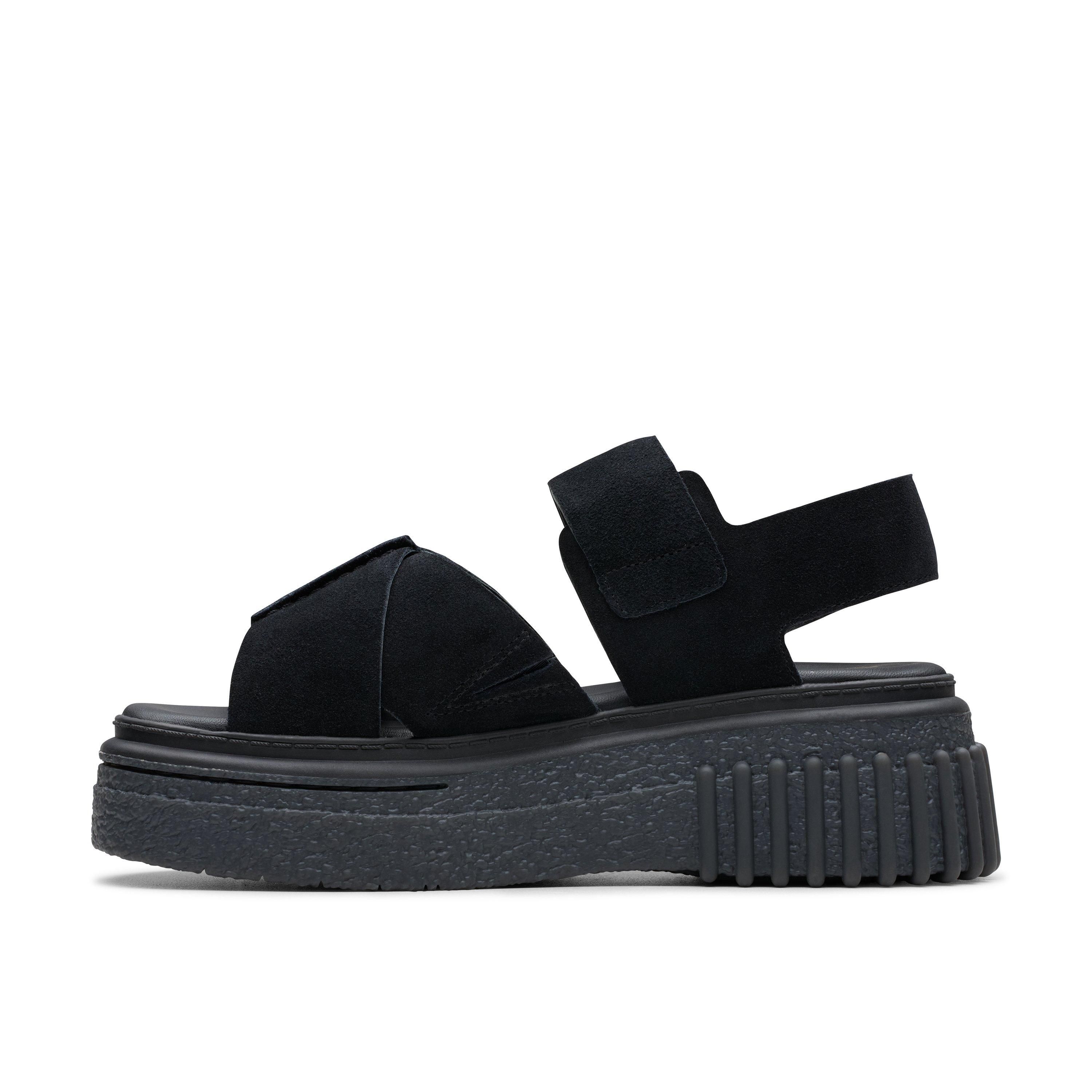 Clarks Evamar Wish Black Suede Flat Sandals,Flatforms