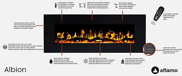 Cheminée électrique AFLAMO Albion 42 - murale - 110x49x14 cm - cheminée LED avec chauffage 750/1500 W