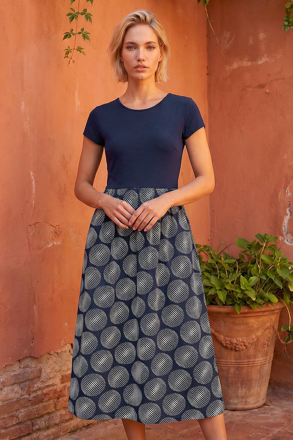 Roman Contrast Geo Print Stretch Midi Dress