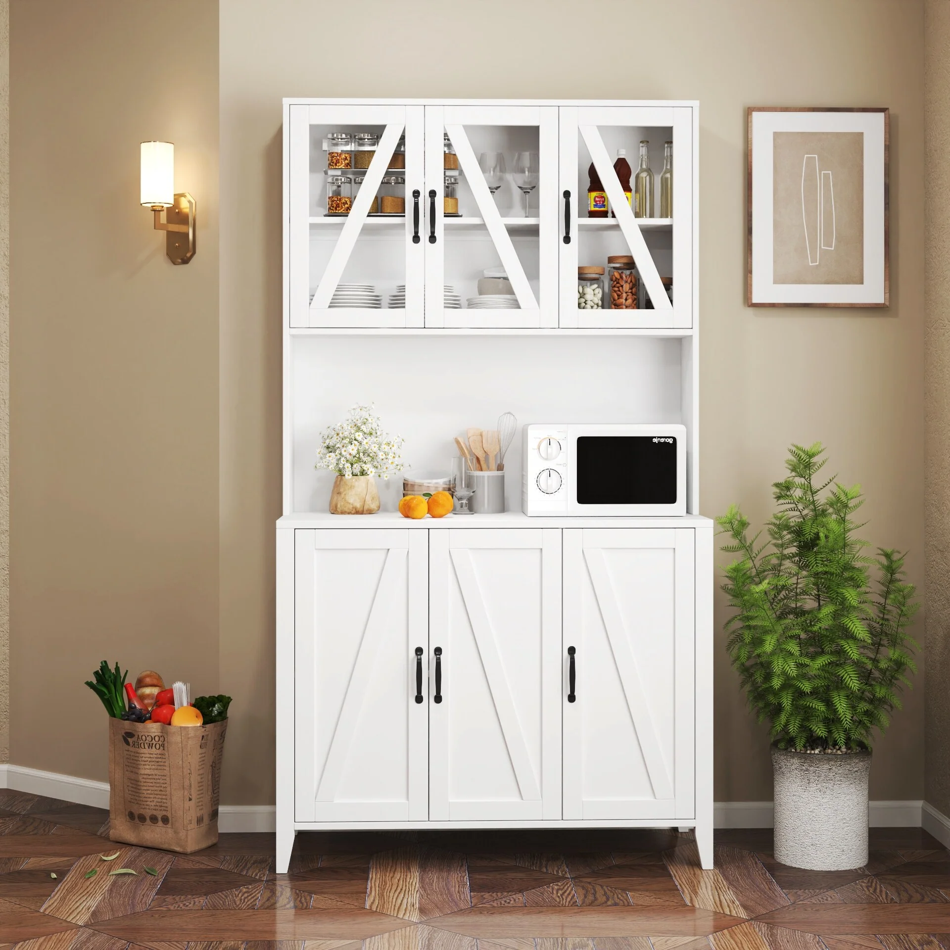 Modern Storage Cabinet with Glass Doors, Drawers and Open Shelves for Living Room