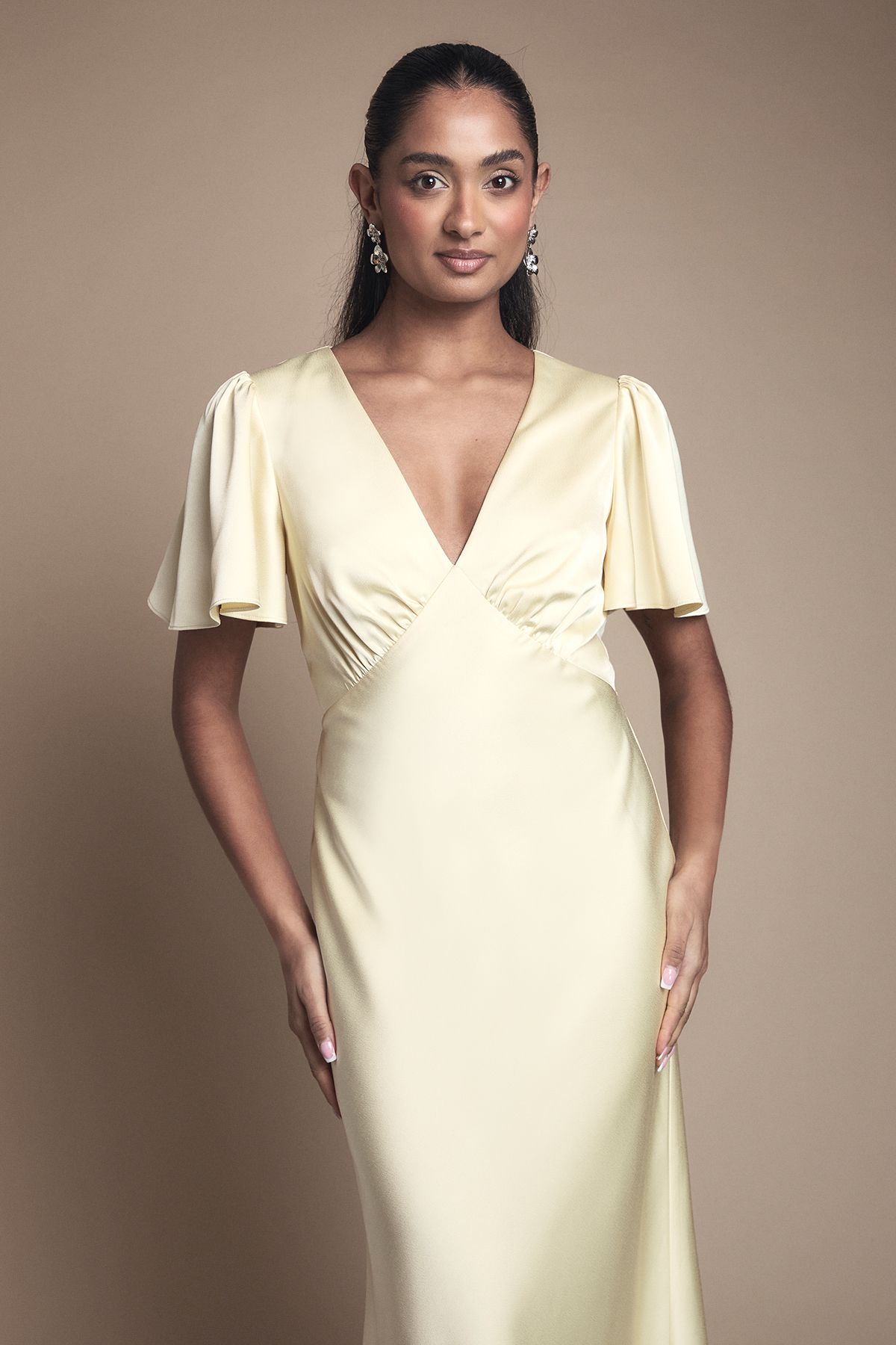 Oasis Deep V Fluted Sleeve Maxi Bridesmaid Dress
