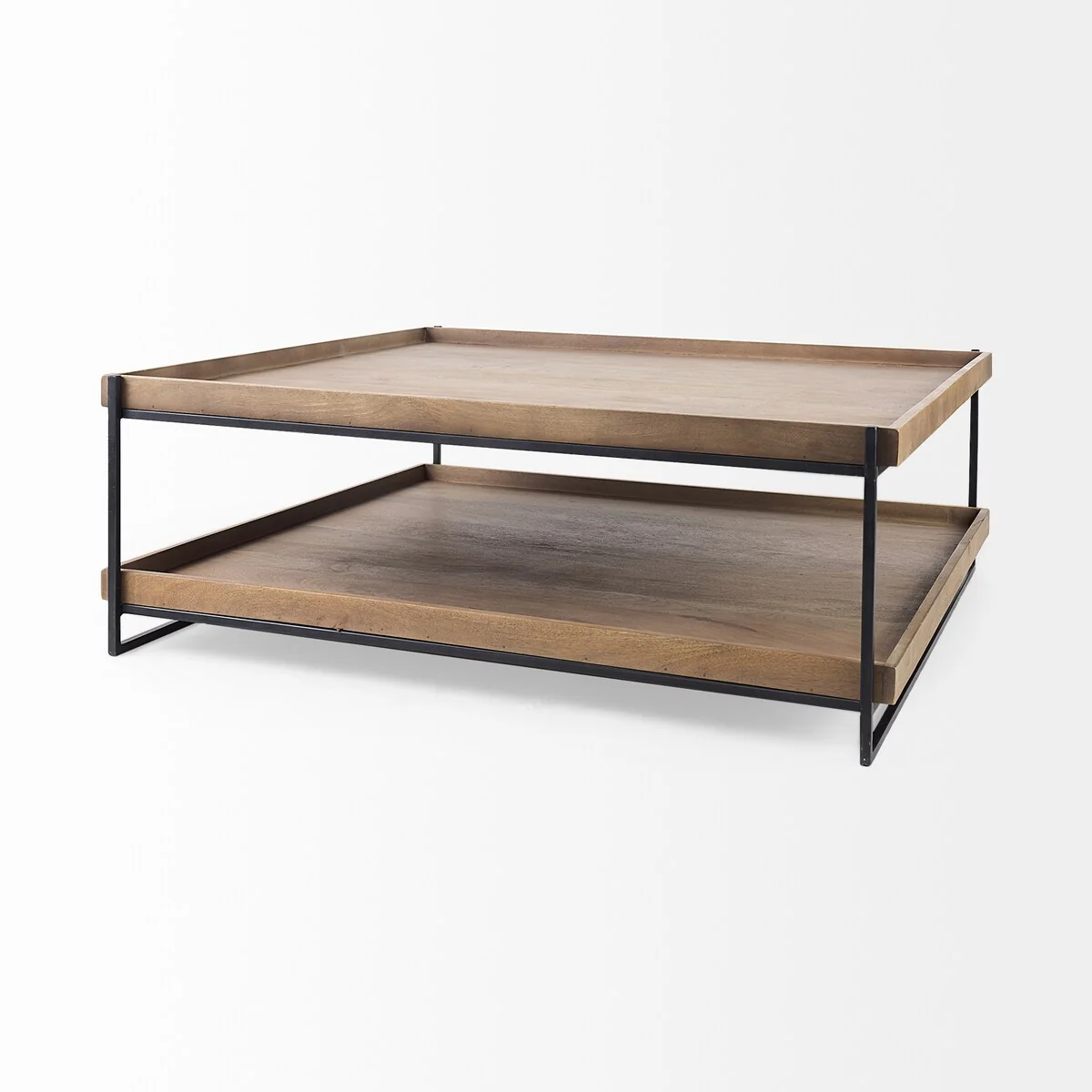 Trey Medium Brown Solid Wood w/Black Metal Frame Two-Tier Coffee Table - 48.0L x 46.0W x 17.0H