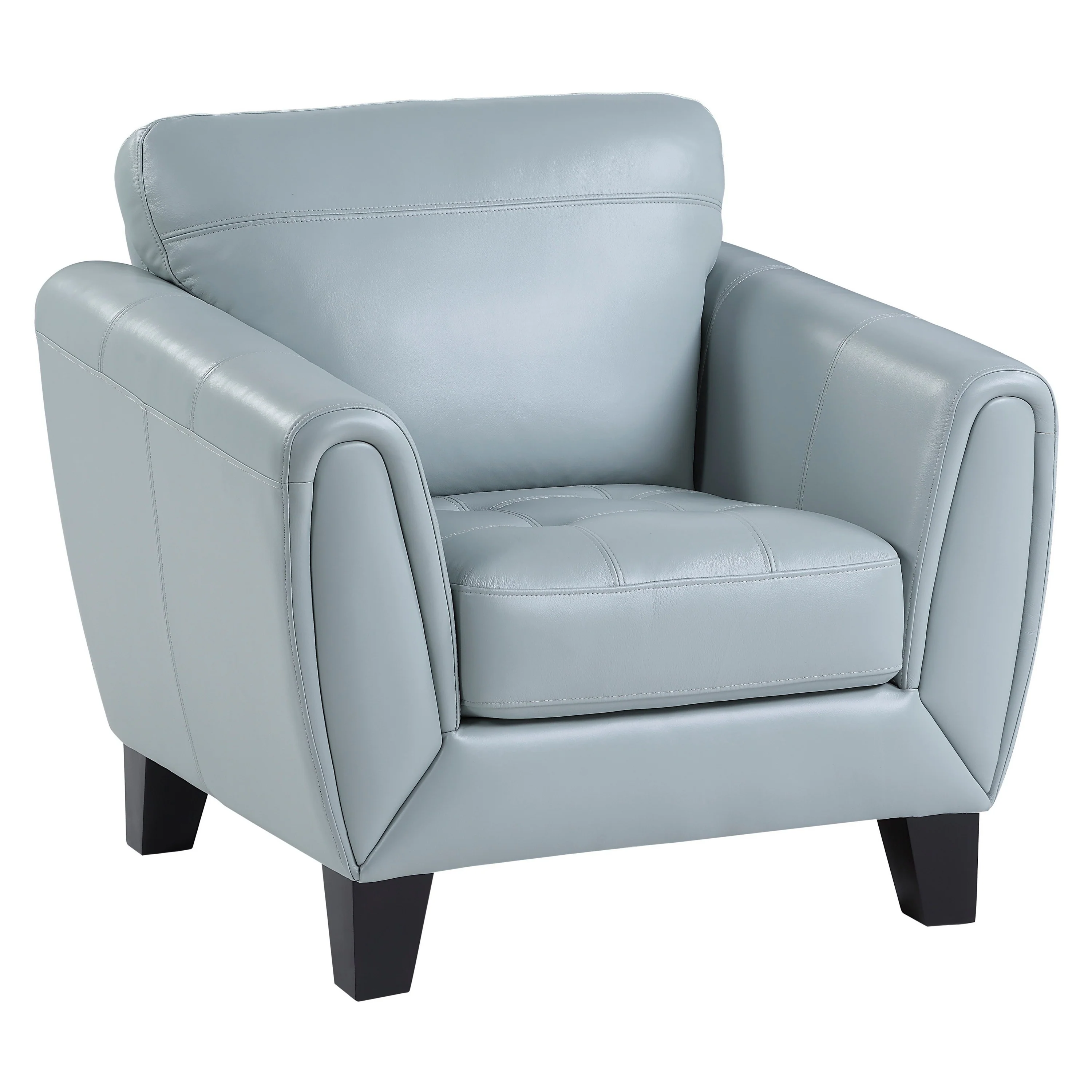 Sofy 37 Inch Accent Chair, Aqua Blue Top Grain and Faux Leather, Solid Wood