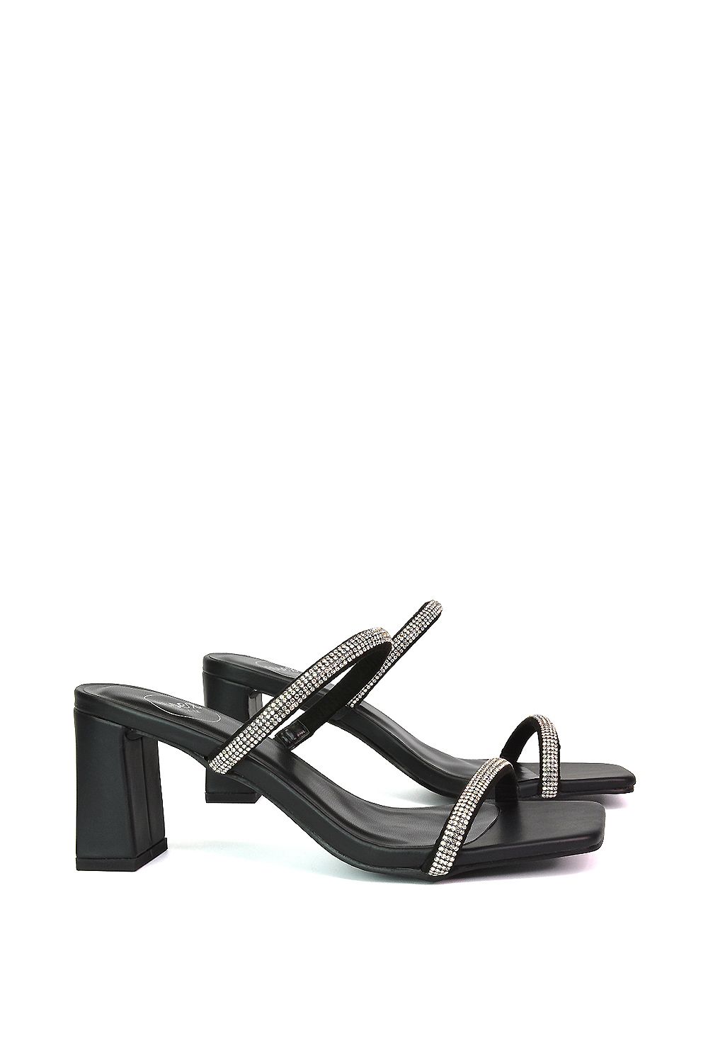 XY London Holden' Diamante Strap Square Toe Mid Block Heel Sandal Mules