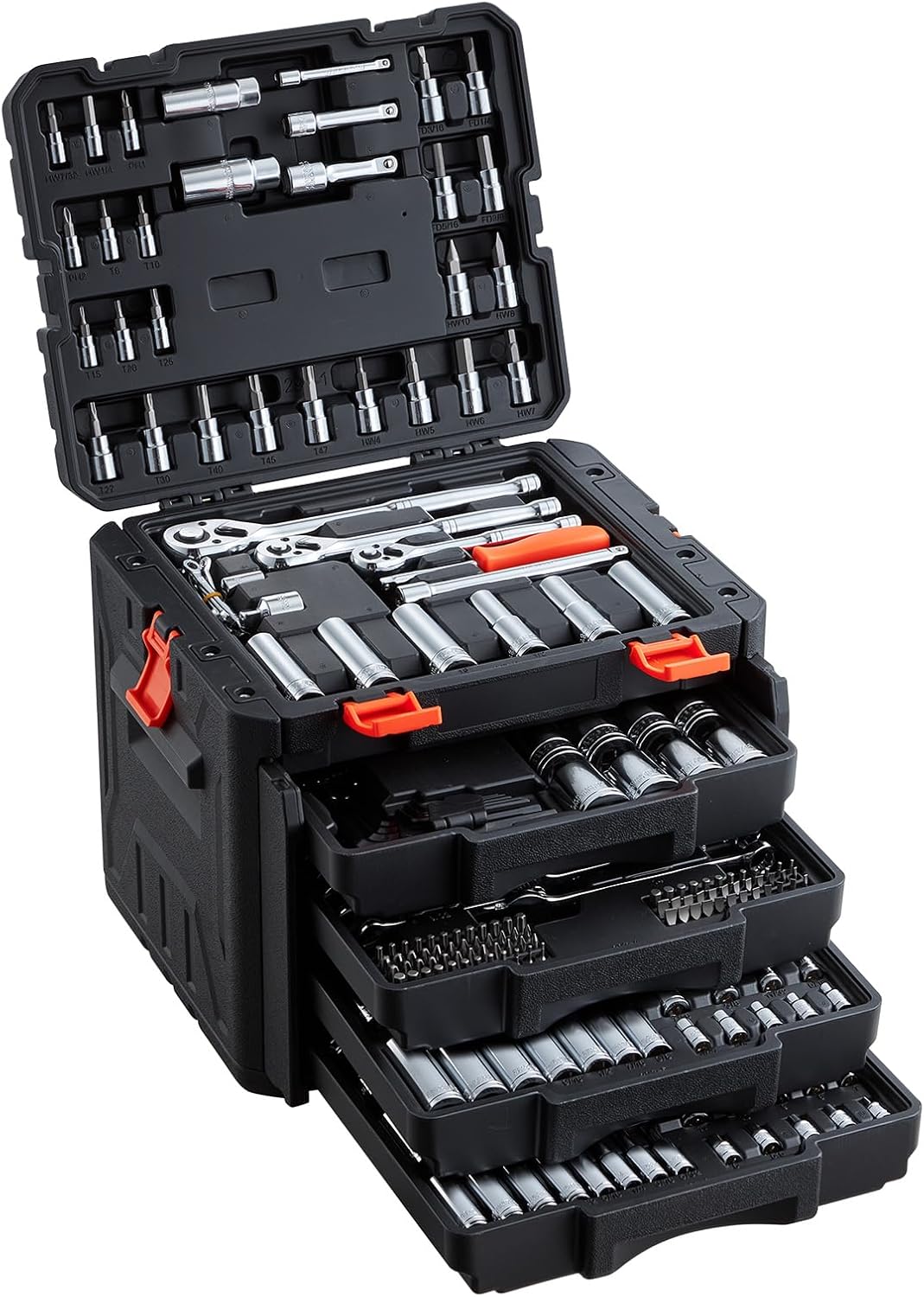 VEVOR Mechanics Tool Set, 297-Piece Mechanic Tool Kit, 1/4 in, 3/8 in, and 1/2 in Drive, SAE and Metric Socket Set, Wrenches, Screwdriver Bits, Accessories, and Storage Case, for Automotive Repair