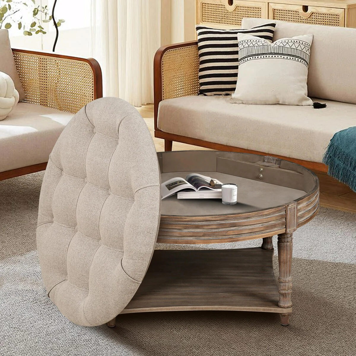 Large Round Ottoman Coffee Table - 2-Tier Button-Tufted with Wooden Shelf Storage
