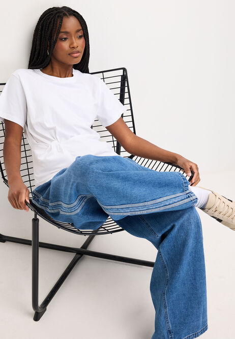 Womens White Side Twist Cotton T-Shirt