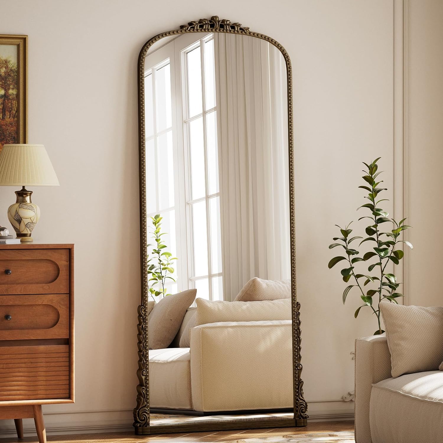Arched Full Length Mirror, 28'' x 69'' Bronze Floor Body Mirror with Stand, Vintaged Elegant Carved Frame Mirror Full Length for Wall Decor, Living Room, Bedroom, Cloakroom, Entryway