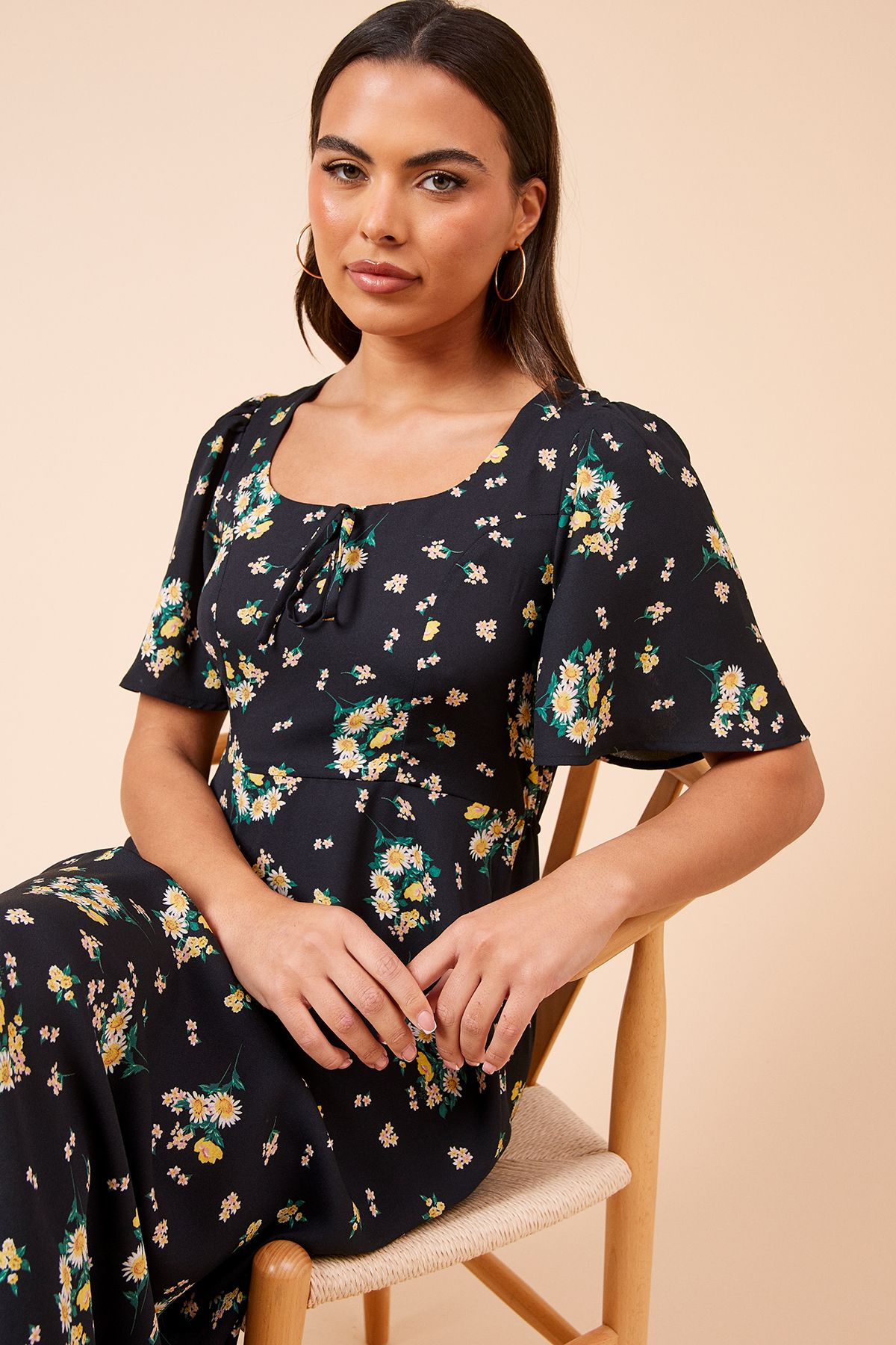Dorothy Perkins Black Floral Tie Front Angel Sleeve Midi Dress