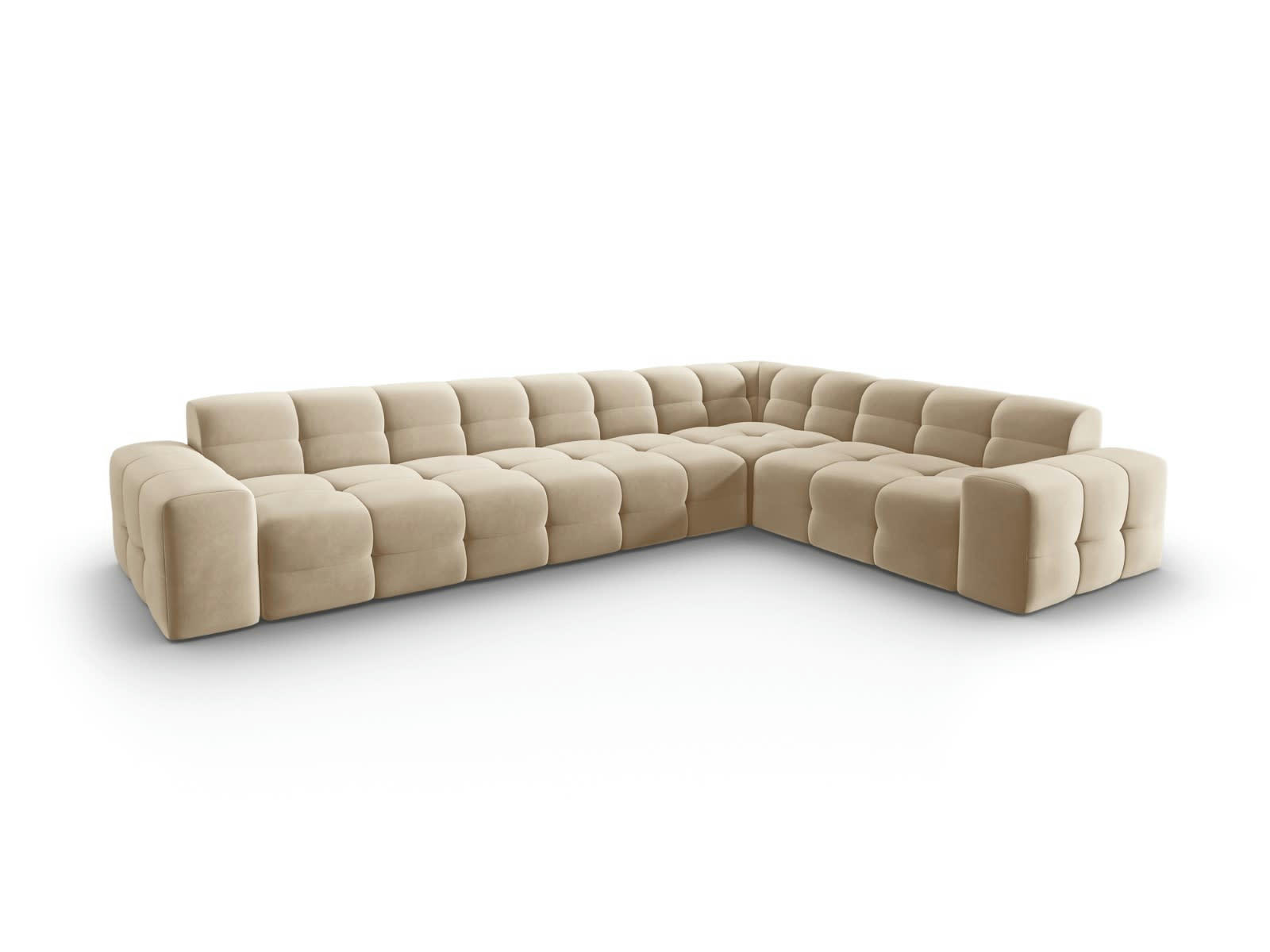 KENDAL - Canapé d'angle droit 6 places en tissu velours beige clair
