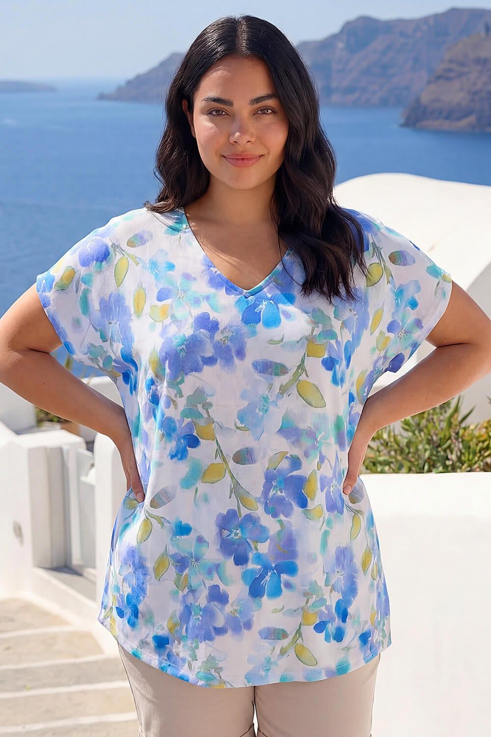 Roman Curve Floral Print V-Neck Top