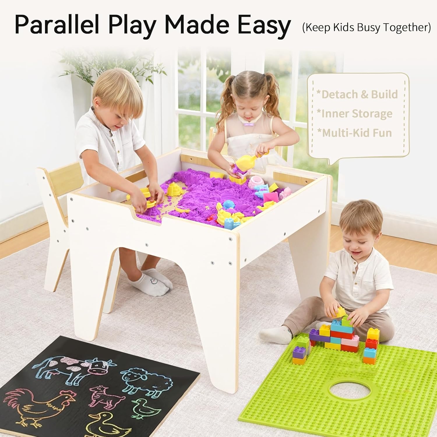 WINGYZ 4-in-1 Wooden Kids Activity Table and 2 Chairs, Ages 2-12 & 4-8 Building Blocks Construction Sensory Table with Storage, Spacious Kids Learning Desk