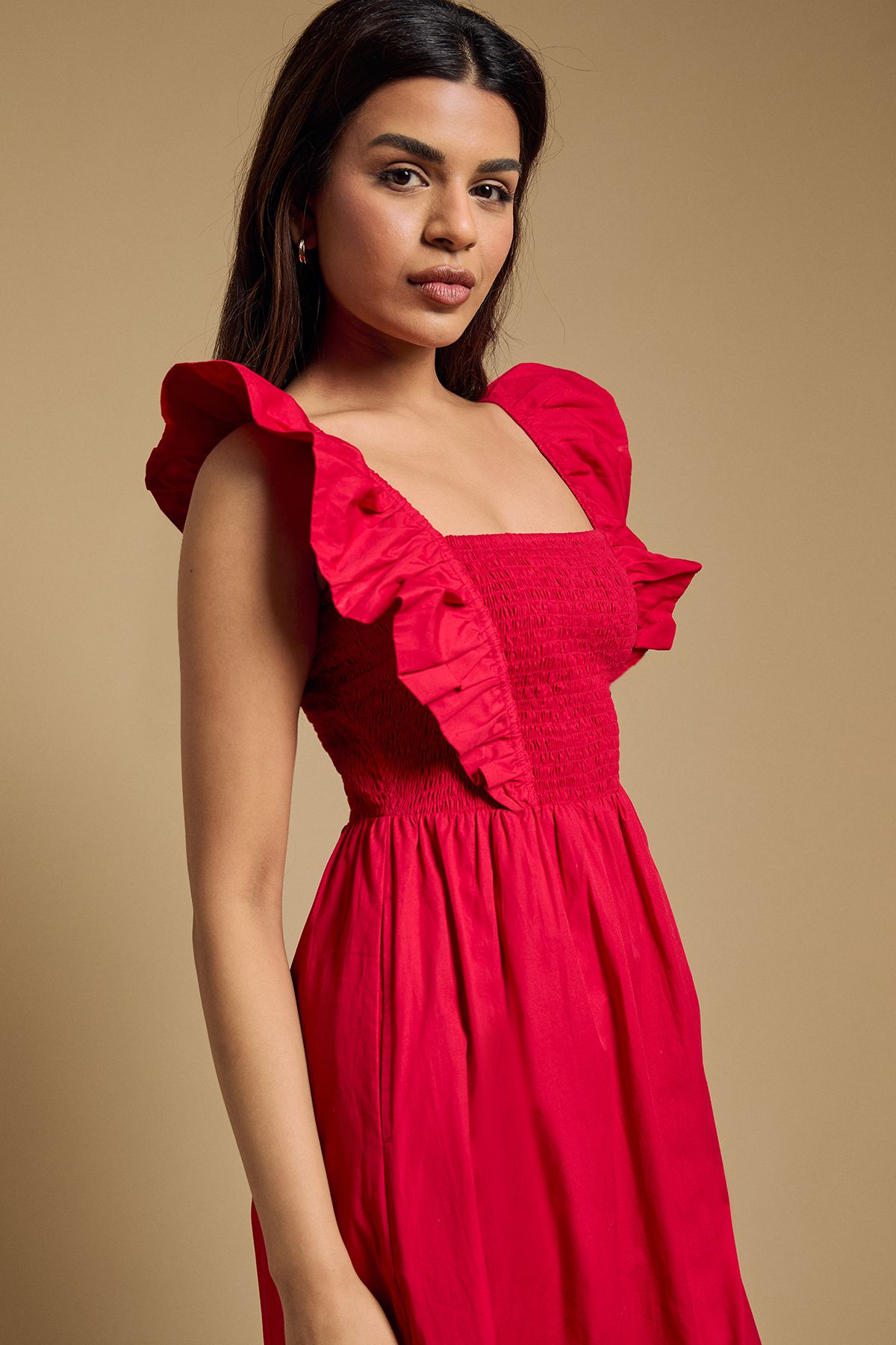 Dorothy Perkins Petite Shirred Bodice Frill Sleeve Tiered Hem Poplin Maxi Dress