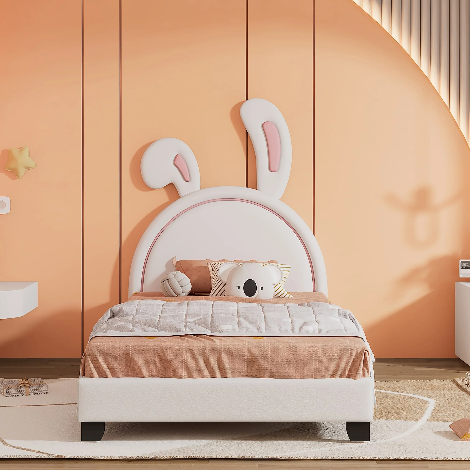 Full Size Upholstered Platform Bed with Rabbit Ornament and PU Leather