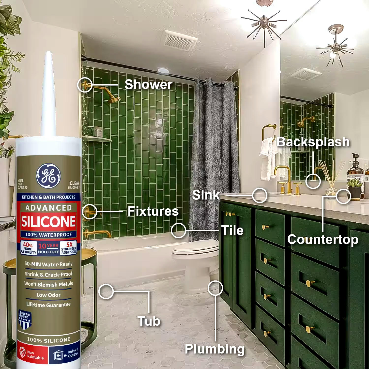 GE Silicone II Multi-Purpose Kitchen & Bath Sealant, Crack & Waterproof, Clear, 299-mL