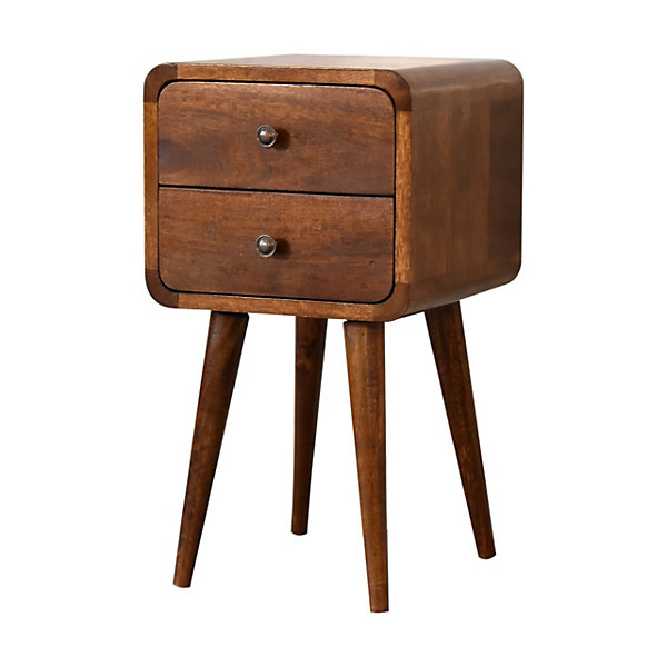 Artisan Furniture Bois massif Mini châtaignier courbé table de chevet, 2 tiroirs, marron foncé